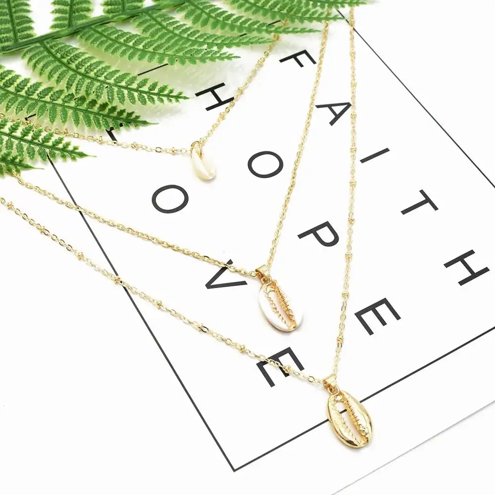 

New Fashion Multilayer Gold Metal Chain Natural Sea Shell Pendant European Statement Necklace For Women Party Charms Jewelry