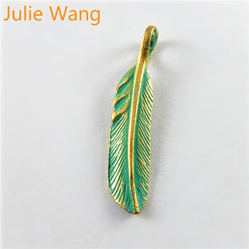 Julie Wang 20 шт. цинковый сплав Античная бронза Зеленые перья подвески Ожерелье