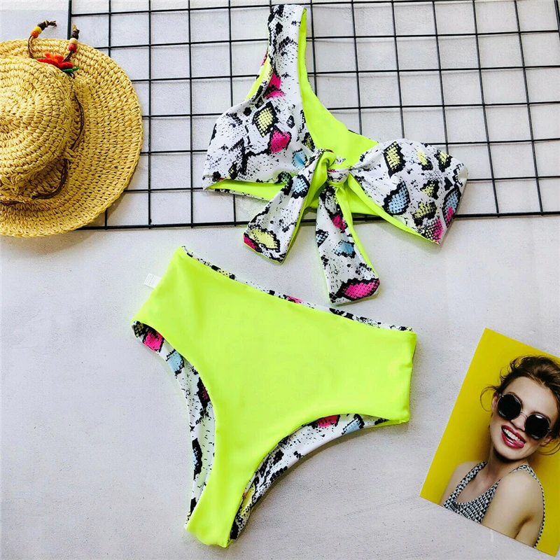 

Women Swimsuit Snakeskin Print High Waist Bikini Set Push Up Swimsuit One Shoulder Bathing Suit Beach Wear High Waist Swimwear