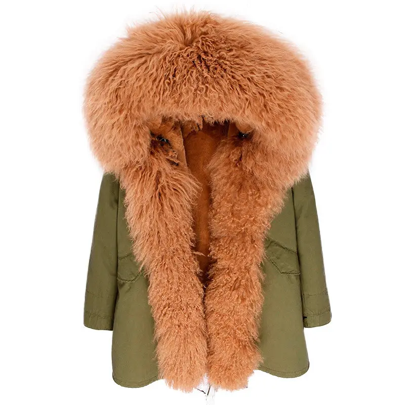 green brown OFTBUY, зимняя женская куртка, пальто из натурального меха, длинная парка, воротник из натурального меха монгольской овцы, Толстая теплая верхняя одежда с капюшоном, уличная одежда - Цвет: green brown