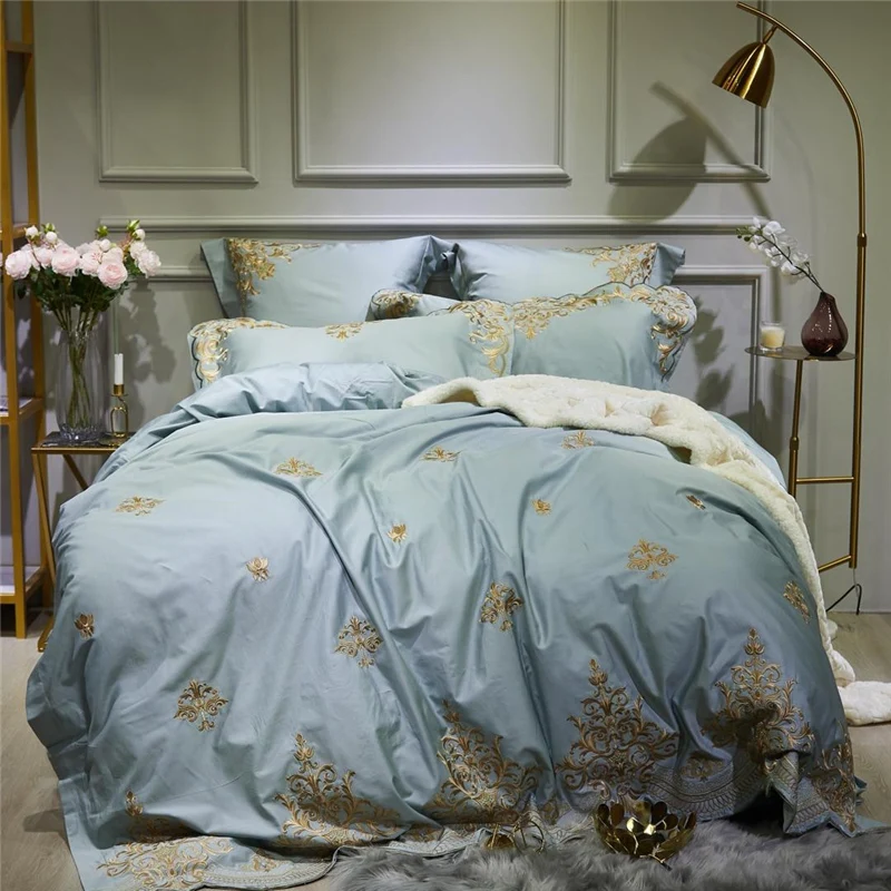 

Luxury 100S Egypt Cotton Classical Arc edge Bedding Set Embroidery Duvet Cover Sets Bed Sheet Pillowcases Queen King Size 4Pcs