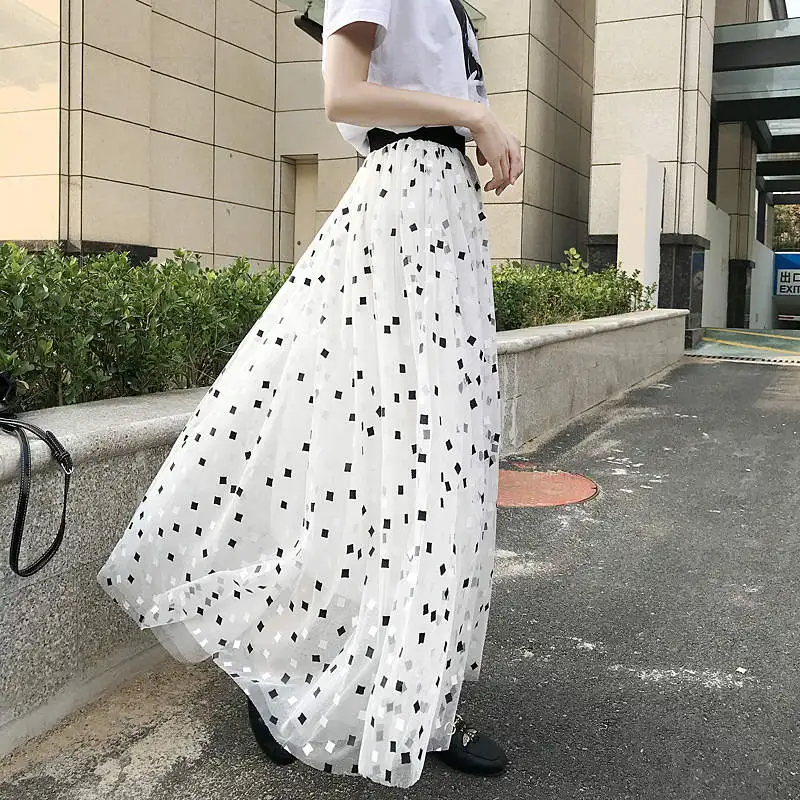Весна лето женская юбка из тюля Jupe Femme сетка Boho длинная Плиссированная Юбка черно