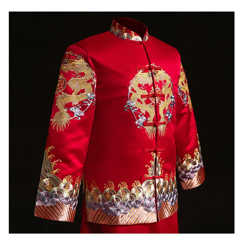 

chinese style Wedding mens toast costumes Gown red embroidery groom evening Long gown kimono bridegroom jacket tang suit Clothes