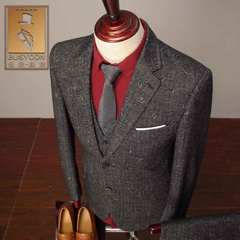 Мужские шерстяные костюмы серого цвета Свадебный приталенный костюм для жениха