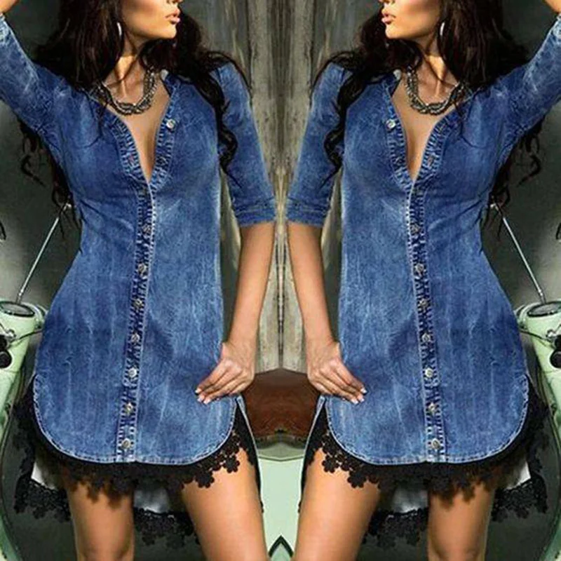 Женское джинсовое платье-рубашка джинсовая летняя Клубная одежда уличная с