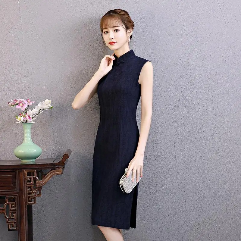 Китайский 1930 s обувь для девочек хлопок белье Cheongsam элегантные летние женское платье без рукавов Oriental для женщин традиционный ручной работы и пуговицы пла - Цвет: Navy Blue