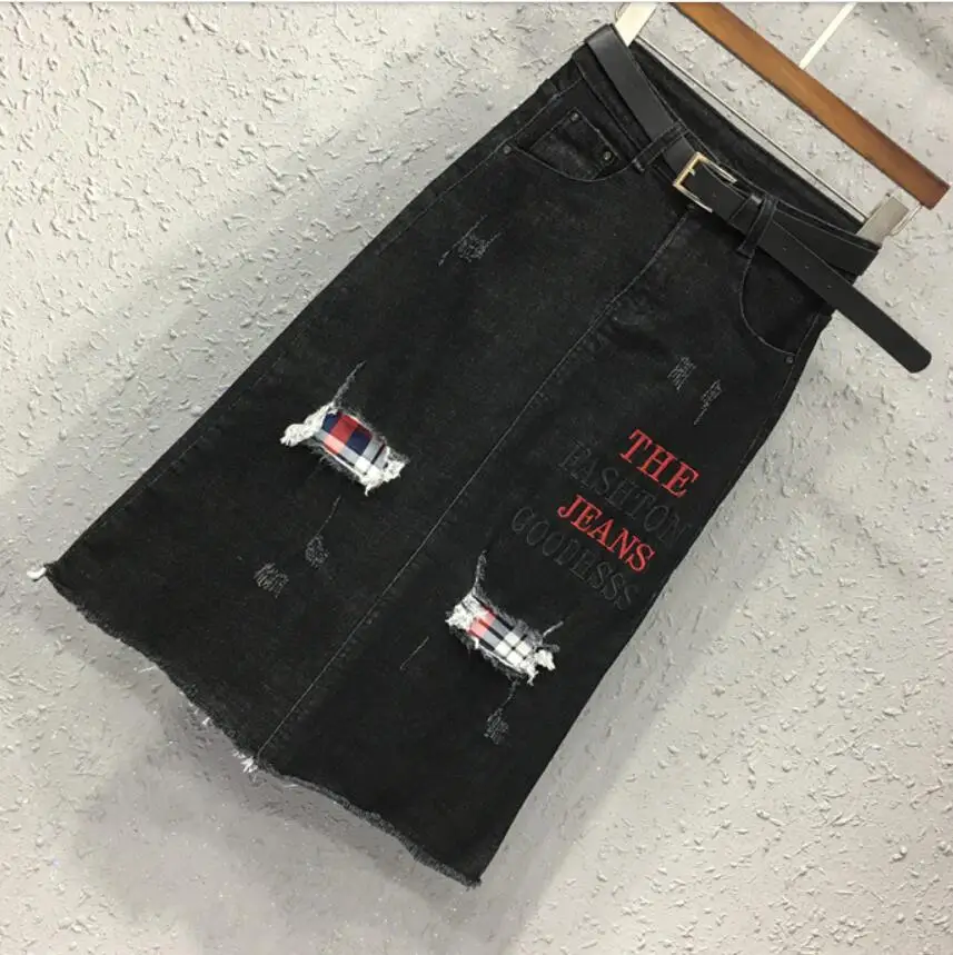 Женские джинсовые юбки размера плюс 2XL, джинсовые женские рваные юбки с нашивками, повседневные джинсовые юбки трапециевидной формы