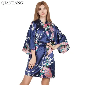 Женская короткая ночная рубашка, летняя темно-синяя мини-кимоно из искусственного шелка, один размер