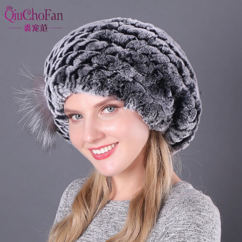 Новый милый Дамский берет шапки вязаный Настоящий мех кролика женские зимние из