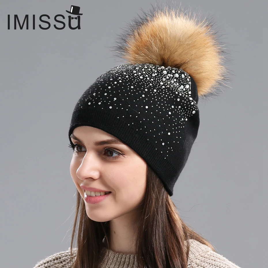 IMISSU женские Зимние Шапки Вязаные Шерстяные Случайный Маска Мех Енота Пом Hat