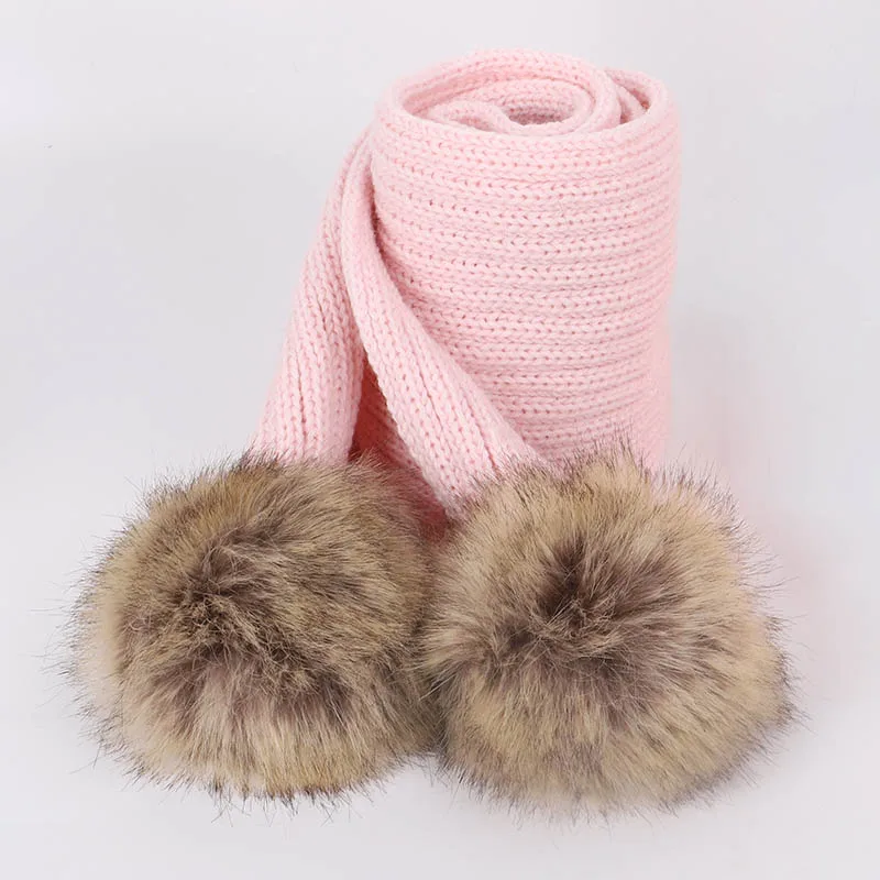 Pink Детские трикотажные теплые женские сапоги для осени и зимы; удобное нижнее белье цвет шарф для девочек, для мальчиков Универсальный енота меховым помпоном Детские шарфы - Цвет: Pink