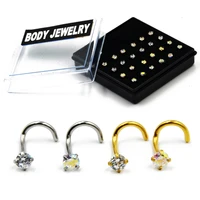 24pcsbox round zircon prong set nose screw nose ring crystal nose stud nail piercing body jewelry cz gem nose bone ring