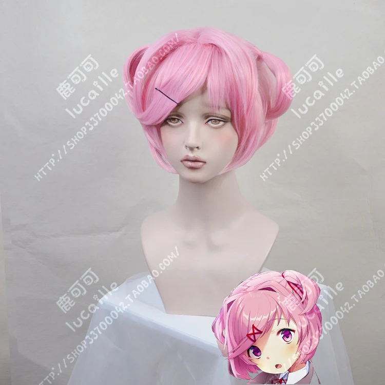 Game DDLC Doki Doki Literature Club Natsuki Pink Short Wig Cosplay Costume Women Heat Resistant Synthetic Hair Wig + Wig Cap