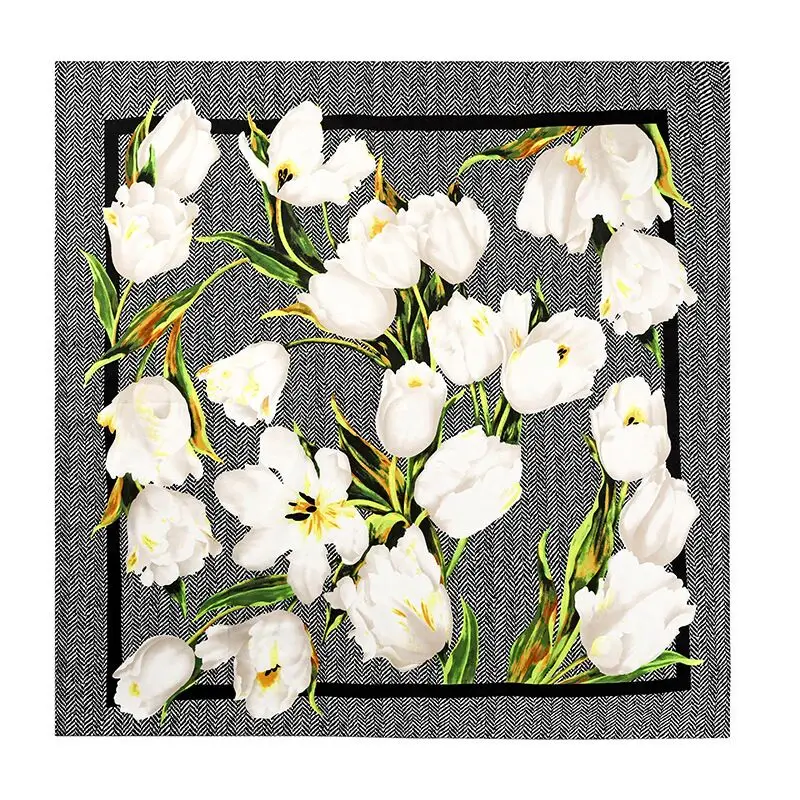 Женский шарф из натурального шелка черная полоска Цветочный платок тюльпан