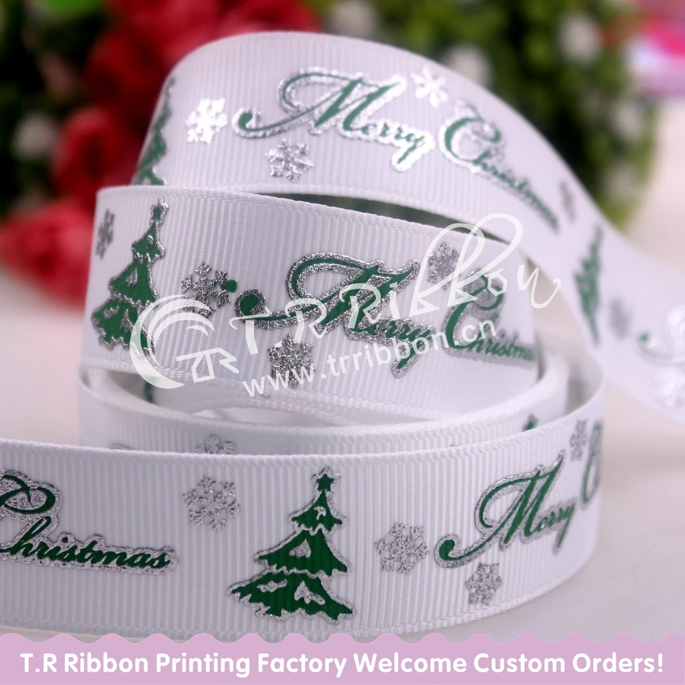 

7/8"22mm silver foil Christmas tree grosgrain ribbon for DIY accessaries #029 white Christmas grosgrain ribbon