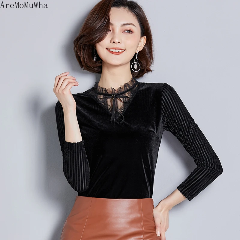 Женская приталенная рубашка AreMoMuWha универсальная с длинными рукавами и кружевным