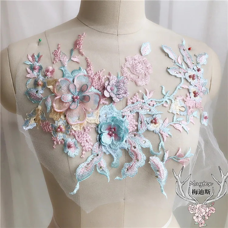 Pink-Blue 33 см X 28 см кружева цветок 3D вышивка кружева свадебная аппликация бисером Жемчуг Тюль DIY свадебное платье вышивка цветок с бисером - Цвет: Pink-Blue