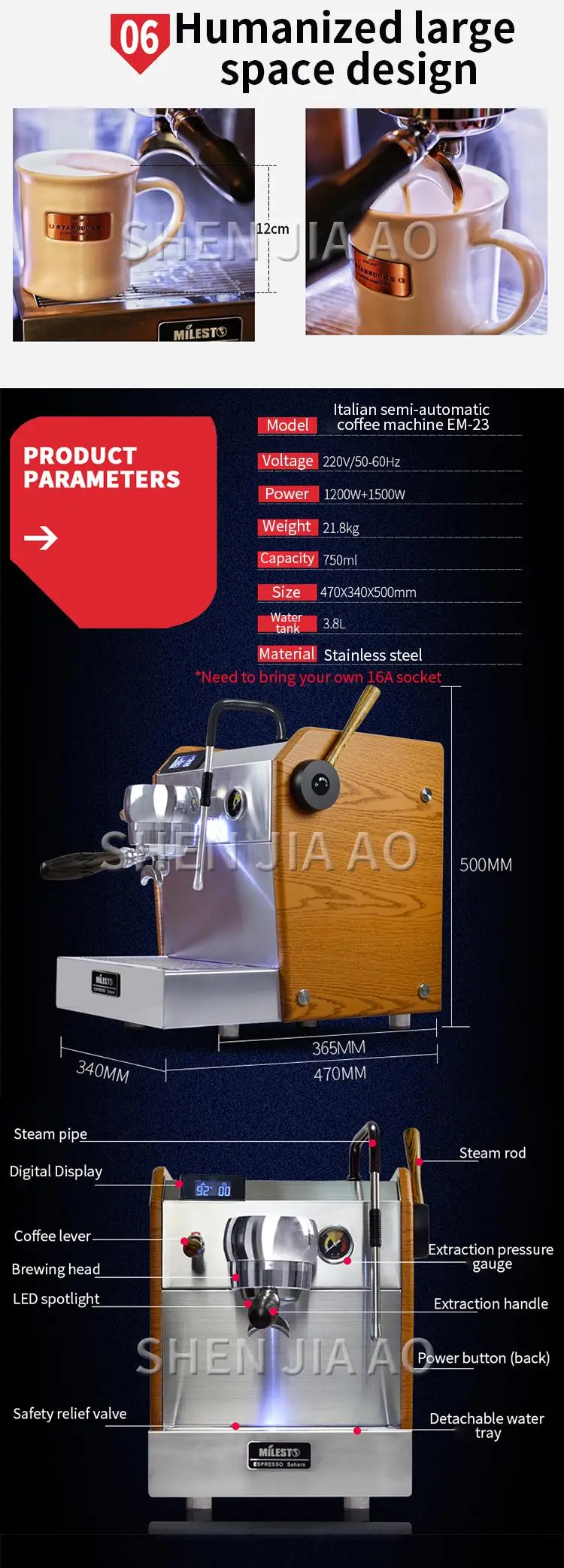 EM-23 New Italian Coffee Maker Pump type Pressure Milk Foam semi-automatic Espresso Coffee Machine 220V/50-60Hz