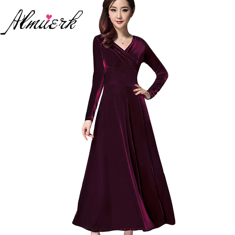 Женское бархатное платье с V образным вырезом длинным рукавом и вырезом|fall winter