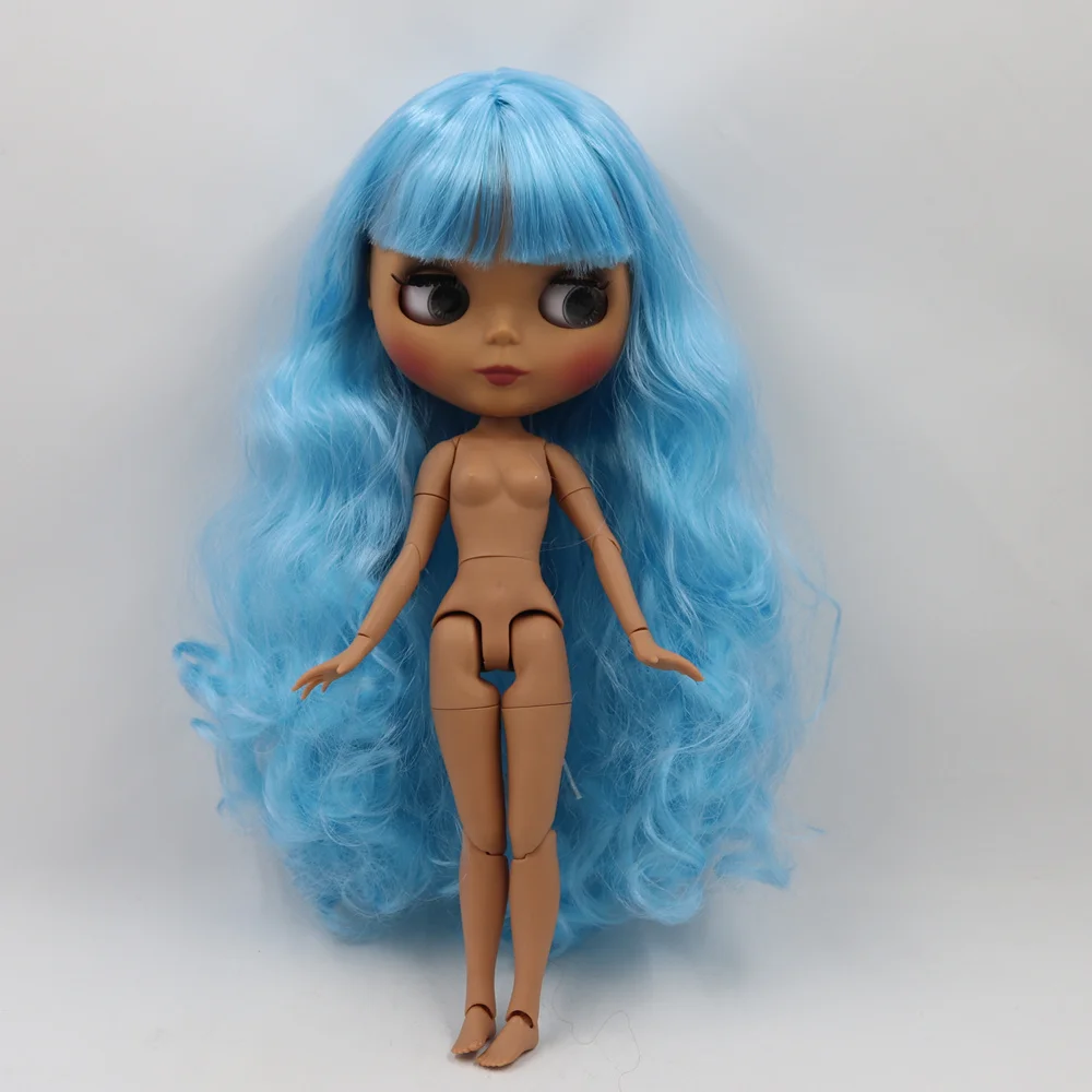 Кукла Blyth 30 см темная кожа матовое лицо синий мягкие длинные вьющиеся волосы 1/6