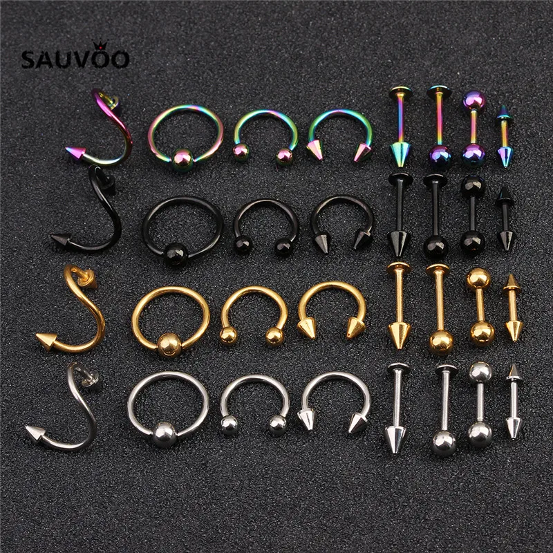 Кольца Sauvoo 16 шт. в стиле панк золотые серебристые черные стальные для пирсинга
