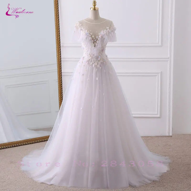 

Waulizane Puffy Flowers Short Sleeves Custom made A-Line Wedding Dresses Lace Up Appliques Elegant Deep V-Neck Bride Gown