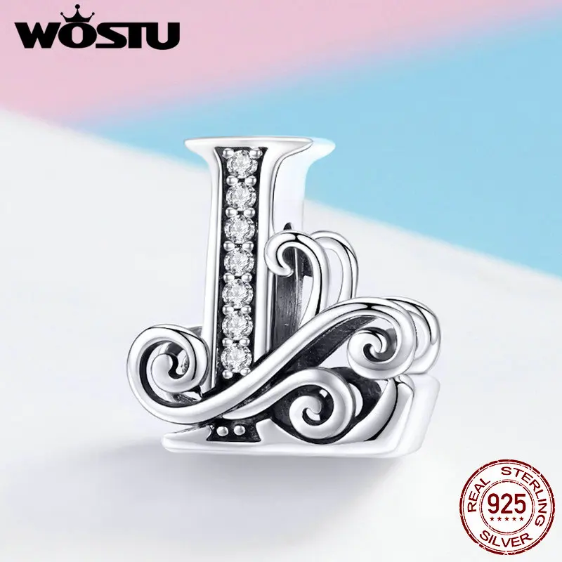 Letter L WOSTU 925 пробы серебряные буквы A-Z CZ камень бисер Подходит для женщин браслет ожерелье Мода Бижутерия подарок BNC030 - Цвет: Letter L