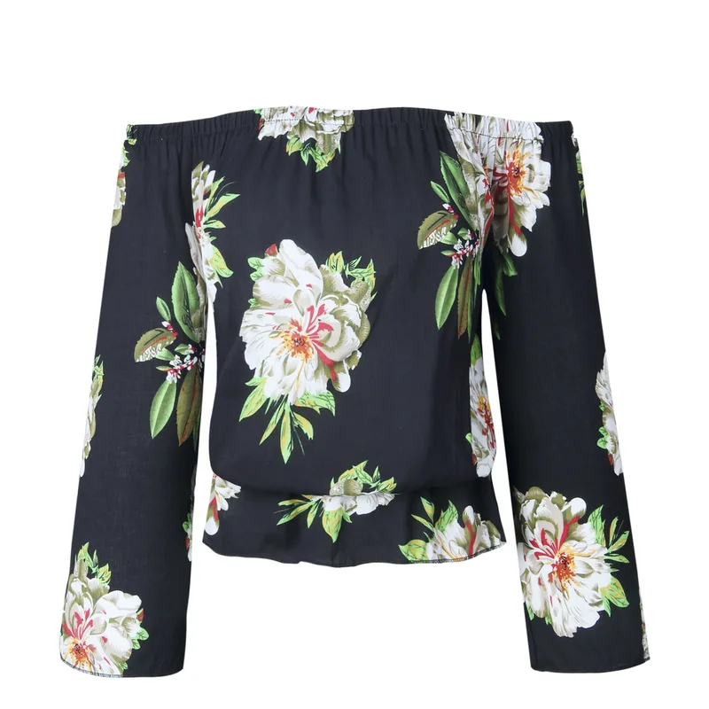 Summe women T-shirt Floral Printing Slash Neck Black White Blue Color Slimming Type Three Quarter Sleeve Women Fashion Wear | Женская