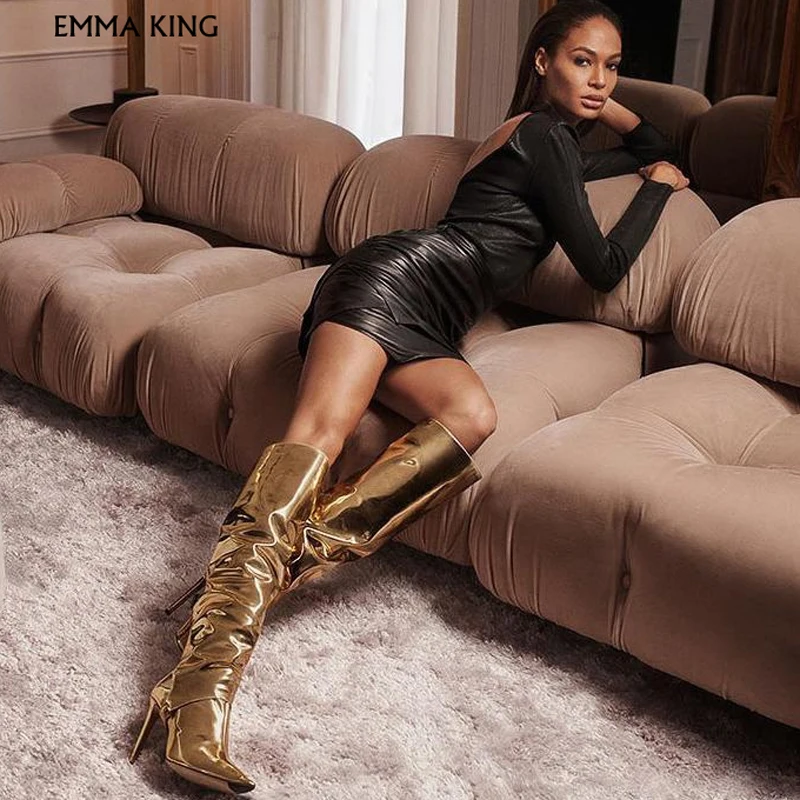 Functional Gold Liquid Mirror PU Two-Piece Knee High Boots Beautifully Crafted in two Parts Ankle Booties Detachable Leg Piece | Обувь