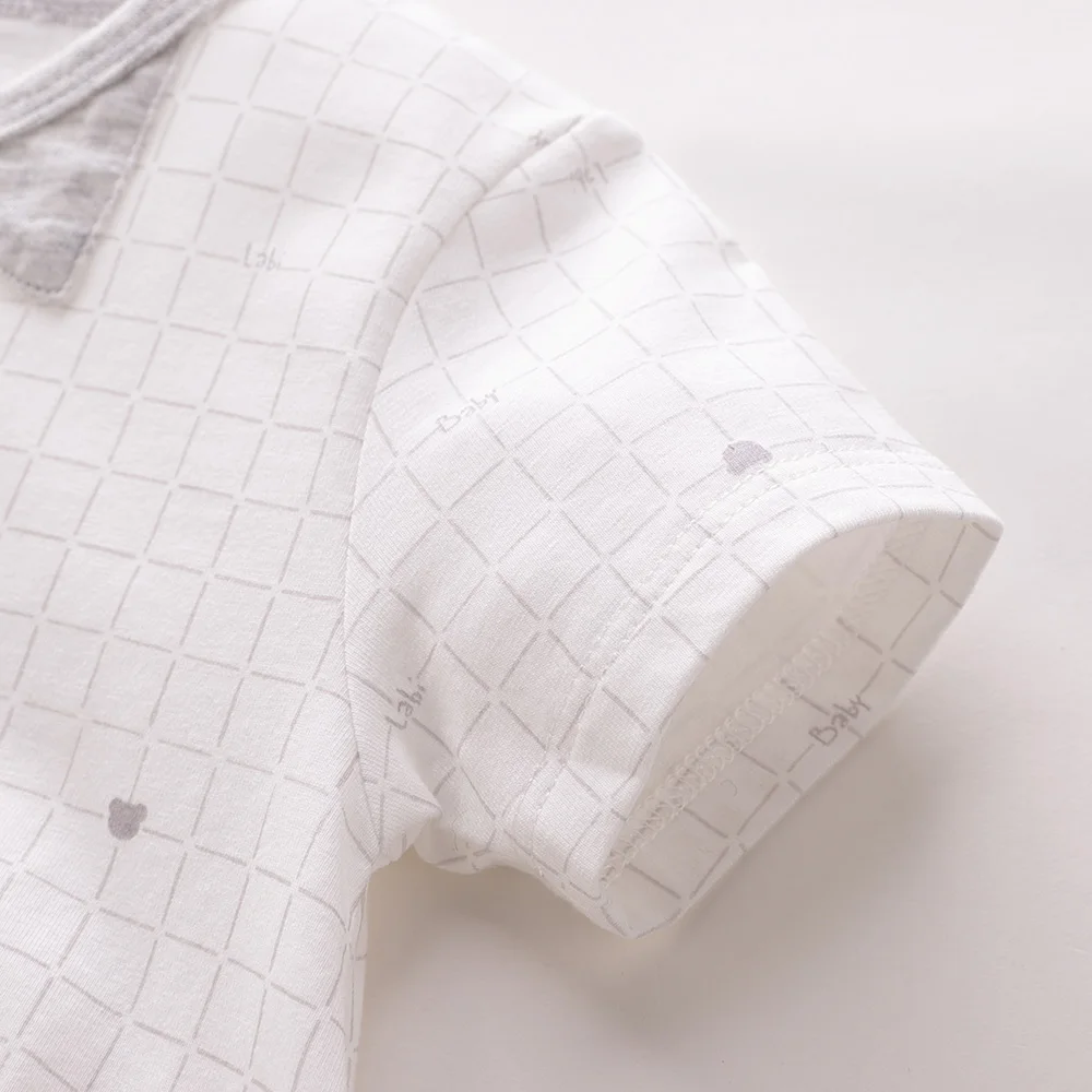 LABIBABY Beige Short Sleeve Bodysuits Plaid Anti Collar Single-breasted Unisex One Pieces Summer Clothes for Infant Boys &amp Girls |