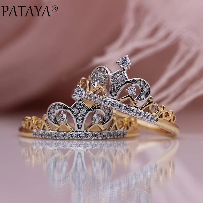 PATAYA Новые двухцветные кольца с короной 585 розовое золото Белое натуральное женское циркониевое кольцо вечерние свадебные ювелирные изделия три стиля