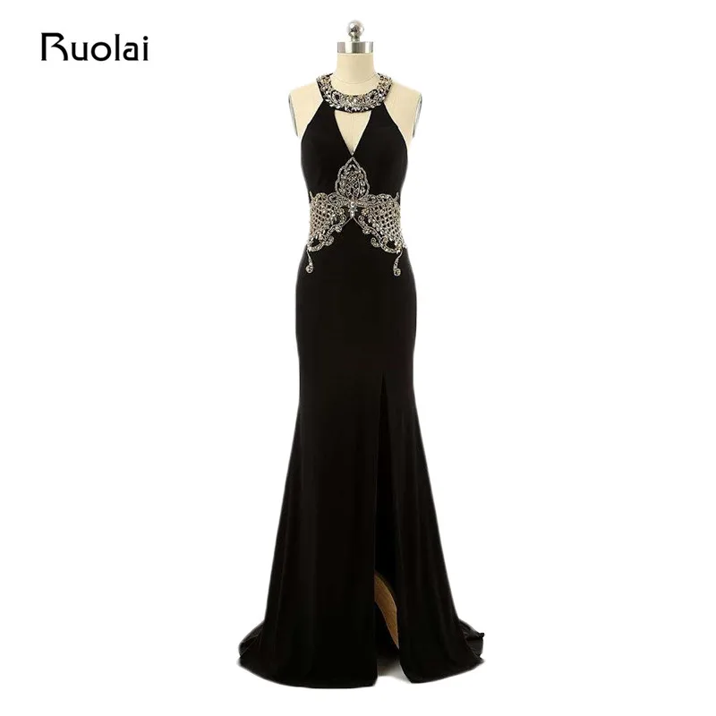 Настоящая фотография Черный Русалка вечернее платье Холтер Кристалл из бисера