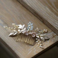 opal crystal pearl hair comb bridal hair accessories for women wedding gold metal leaves flower comb hair jewelry headpiece