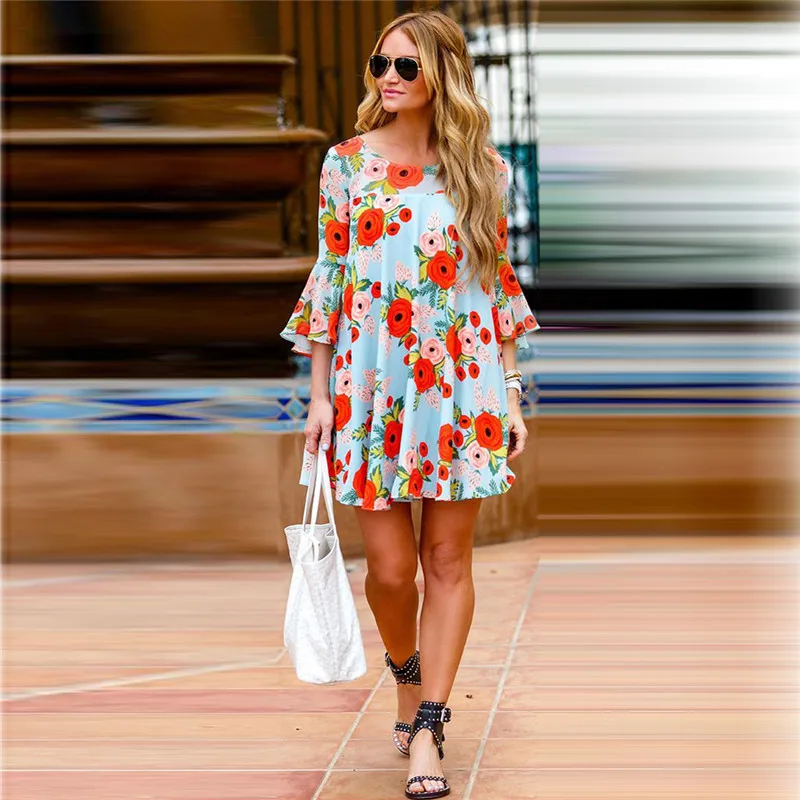 SUMMER DRESS women sky blue A-Line print O-Neck above knee three quarter petal sleeve casual dress | Женская одежда