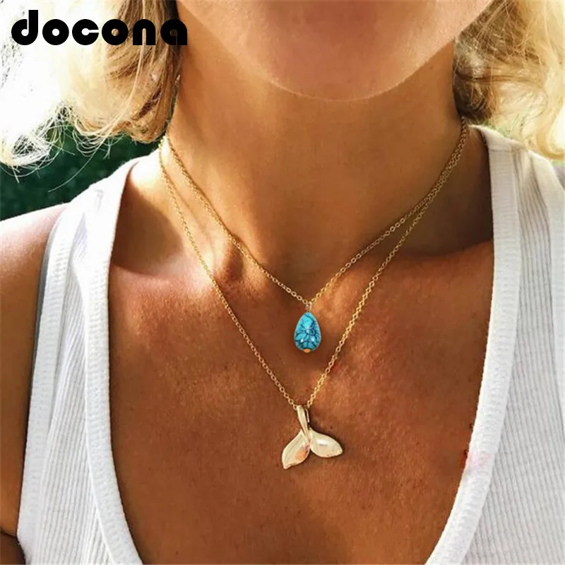 Docona фото для женщин многослойное золотое ожерелье синее каменное с подвеской в