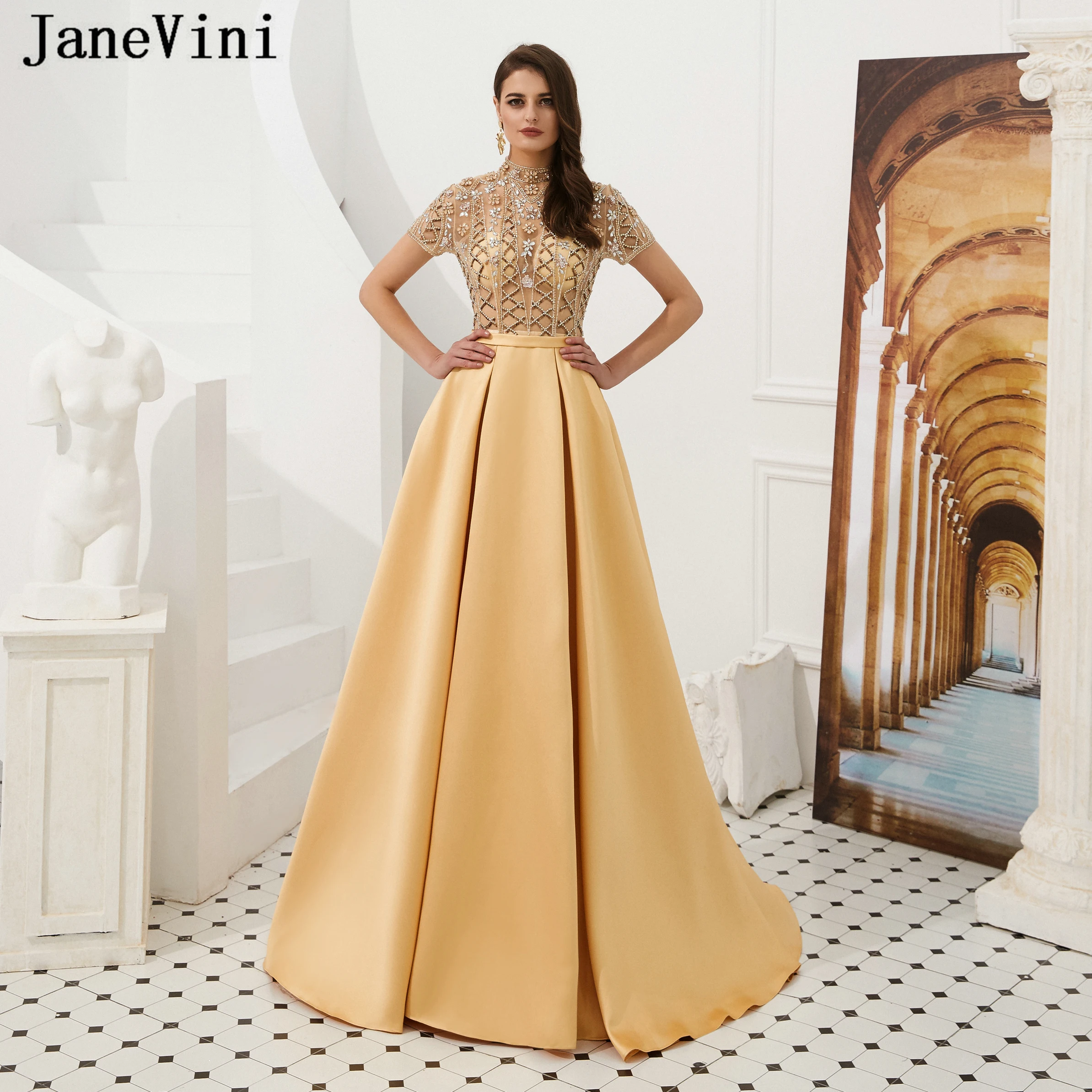 

JaneVini Elegant A Line Yellow Long Prom Dresses 2019 Luxury Beaded Crystal Sleeveless Sheer Neck Shiny Satin Dress Gala Jurken