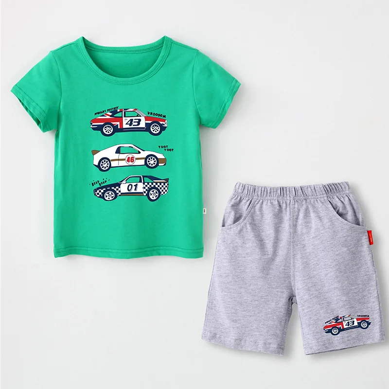 Summer New Kids Clothes Boys Cartoon Car Tops Short Sleeve T-shirt With Casual Shorts Tracksuit 2pcs Outfits Set |