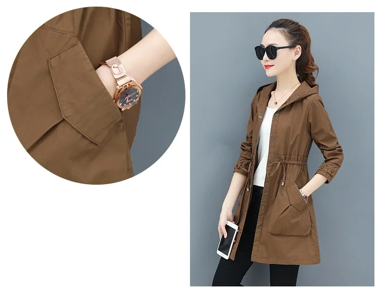 Spring Autumn Trench Coat Women Full Sleeve Thin Overcoat Medium Long Windbreaker Female New Temperament Hooded Clothing