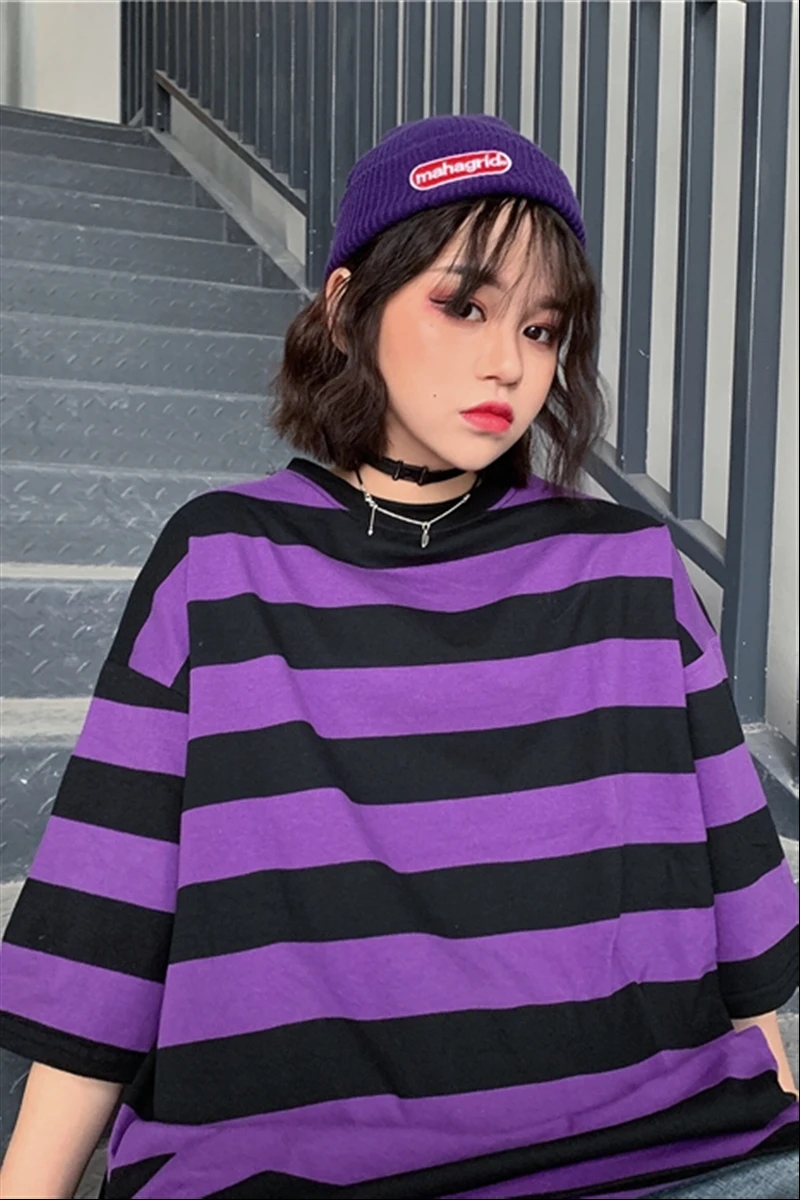 Новый Ulzzang Harajuku фиолетовый черный Рубашка в полоску студент свободный стиль