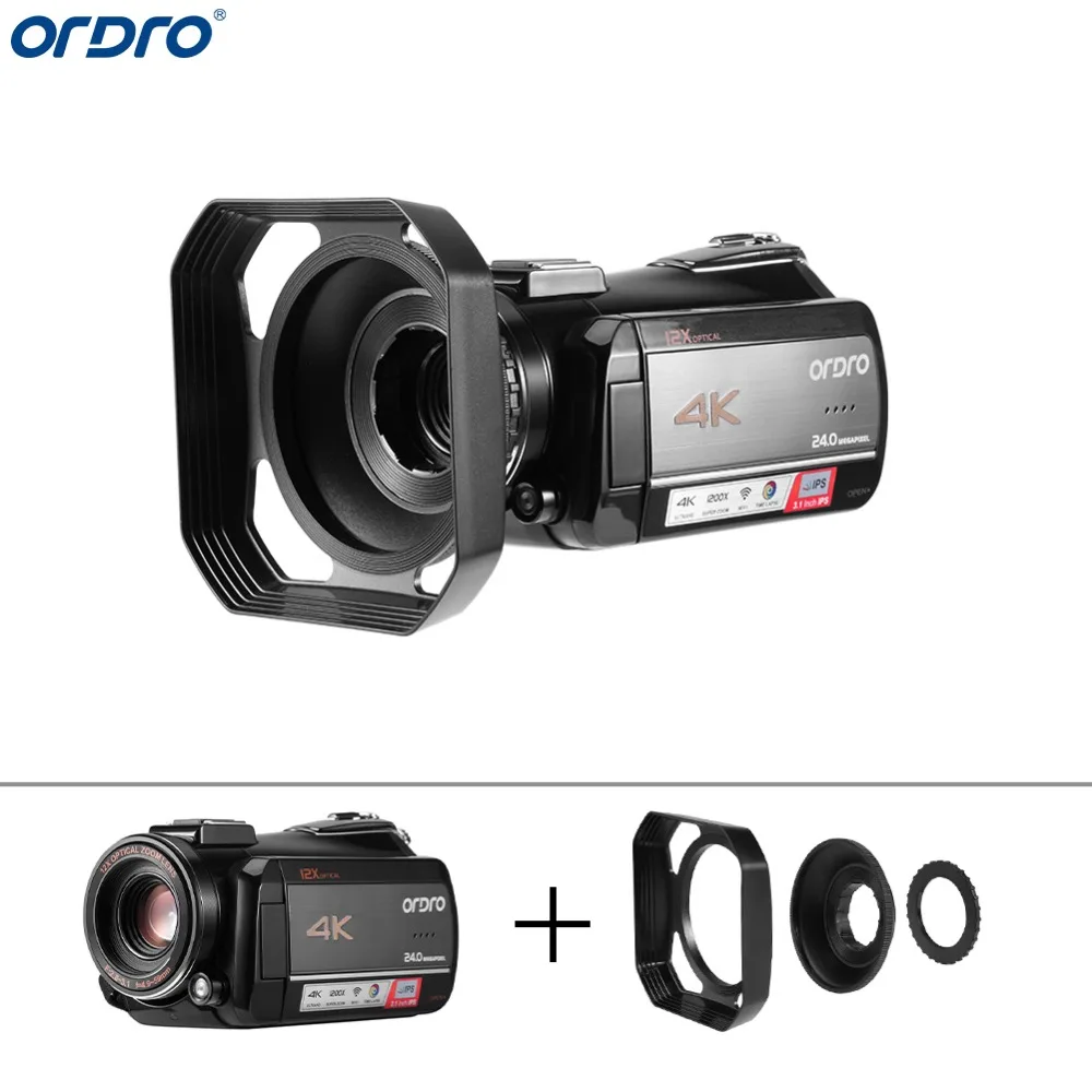 Ordro AC5 4K 12X оптический зум 24MP WiFi ips сенсорный экран цифровая камера+ бленда+ широкоугольный объектив+ микрофон+ светодиодный светильник+ ручной
