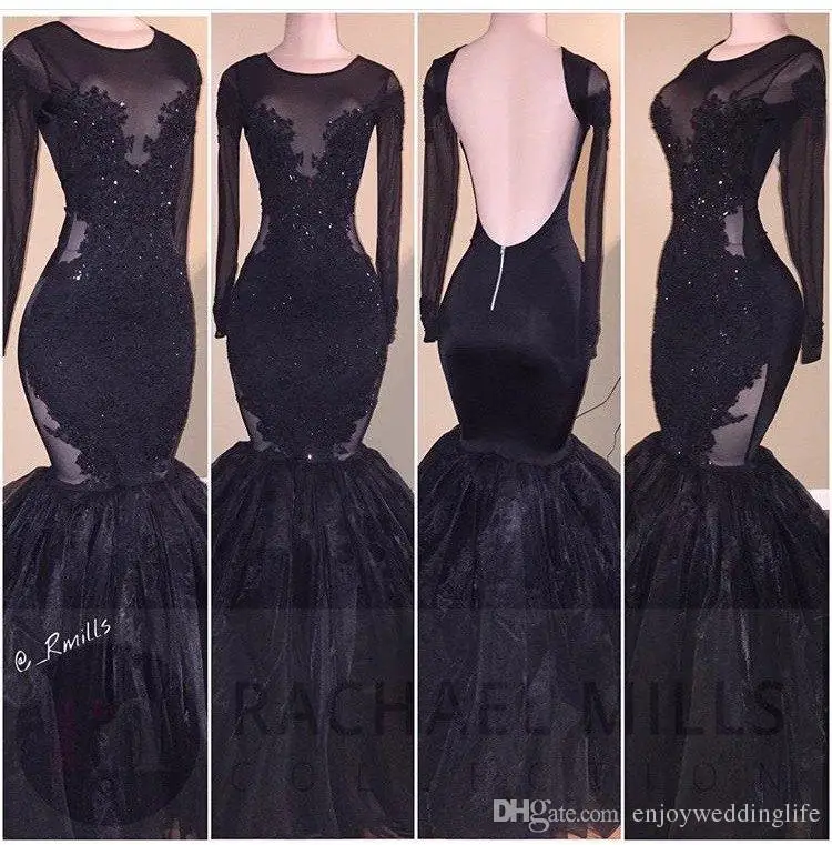 Свадебные платья Элегантный Черный Длинные Рукава Русалка Пром Платья 2017 Sexy Backless