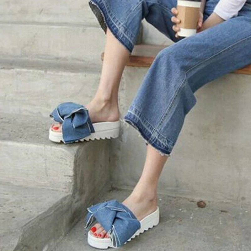 Fashion Women Summer Slippers Big Bowknot Platform Loafers Runway Style Ooufit Shoes Peep Toe High Heels Zapatos Mujer 40 | Обувь