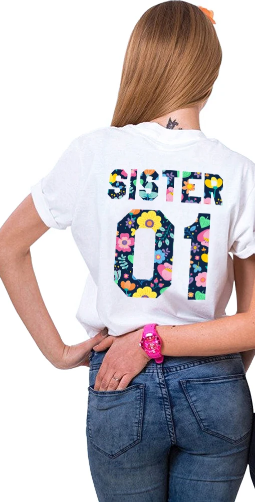 Sister 01 02 BFF Letter Flower Print Tshirt Short Sleeve Tumblr Tee Women T-shirts Best Friends T-shirt Femme Summer Top | Женская