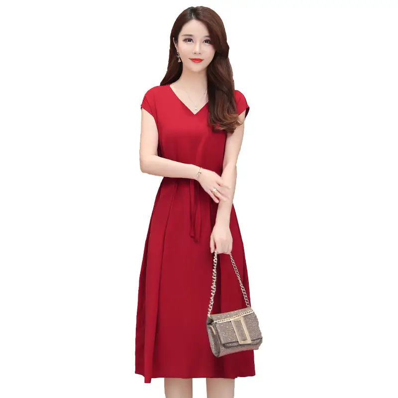 Большие размеры Корея Новая мода элегантное красное однотонное шифоновое платье