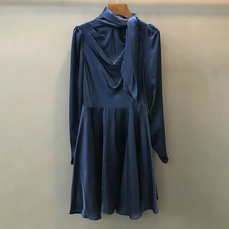 navy dress TWOTWINSTYLE, сатиновое платье для женщин, с бантом, с длинным рукавом, высокая талия, мини платья для женщин,, весна, осень, модная одежда - Цвет: navy dress
