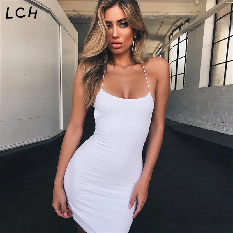 2019 New Summer Black And White Ladies Sexy Halter Sheath Dress Tight Solid Color Sleeveless Backless Beach | Женская одежда
