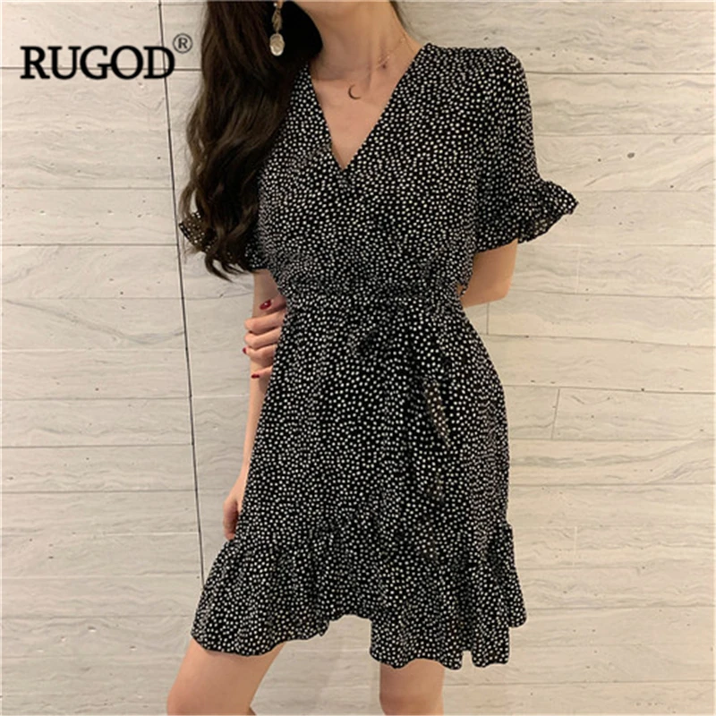 Женское платье с рюшами RUGOD винтажное Летнее мини-платье короткими рукавами и