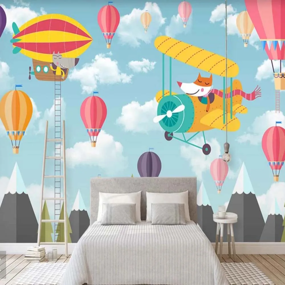 

3D Stereoscopic Carton Aircraft Airplane Hot Air Balloon for Kids Bedroom Children Room Living Room Murals Photo Wallpaper Rolls