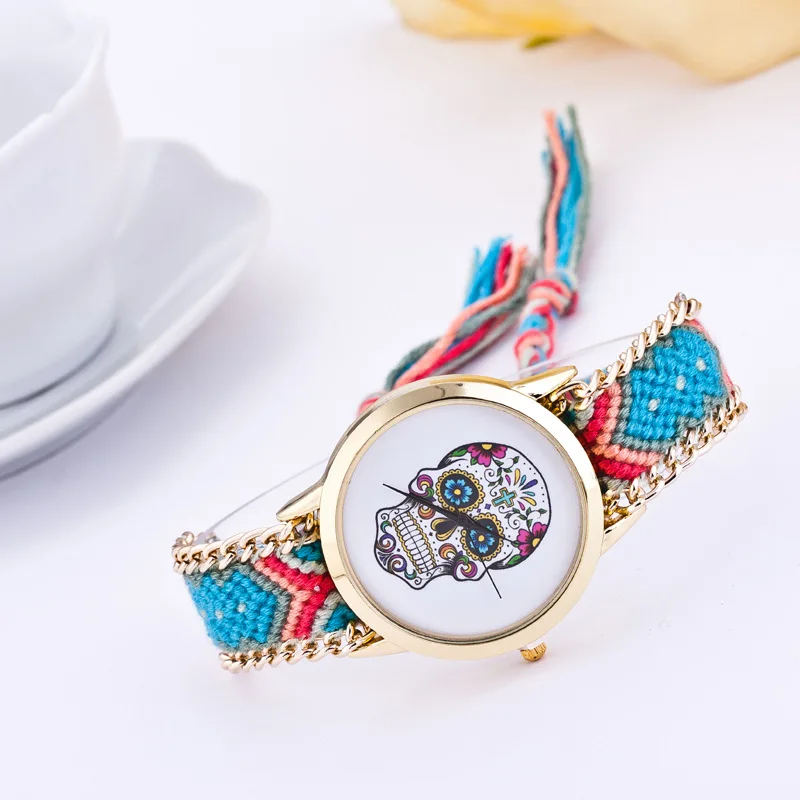 Женские кварцевые наручные часы DIY с черепами и разноцветными тканевыми
