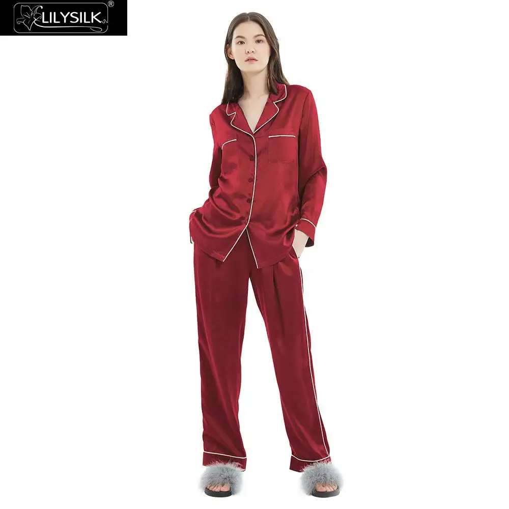 Claret LilySilk набор пижам с золотым окантованным шелком для женщин Полная длина чистый 100 шелк 22 momme Mulberry - Цвет: Claret